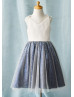 Ivory Lace Tulle Navy Blue Sequin V Neck Short Flower Girl Dress